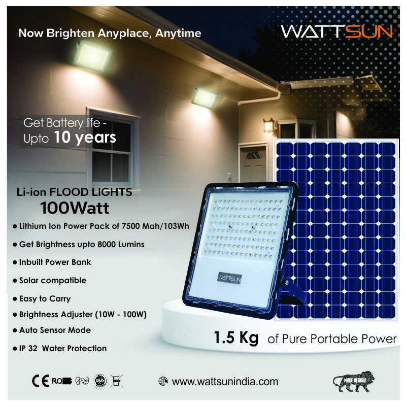 100 Watt Rechargeable Solar LED Flood Light with 2500 mah Battery - Lithium, HP-F100Li - ECO Plus 1 Pcs Charger Adapter